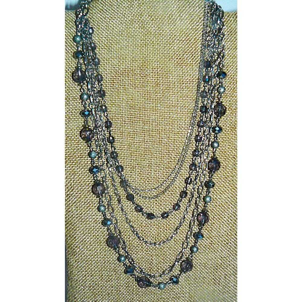 NY New York & Company Multi-Strand Silver-Tone Necklace Purple Iridescent Beads